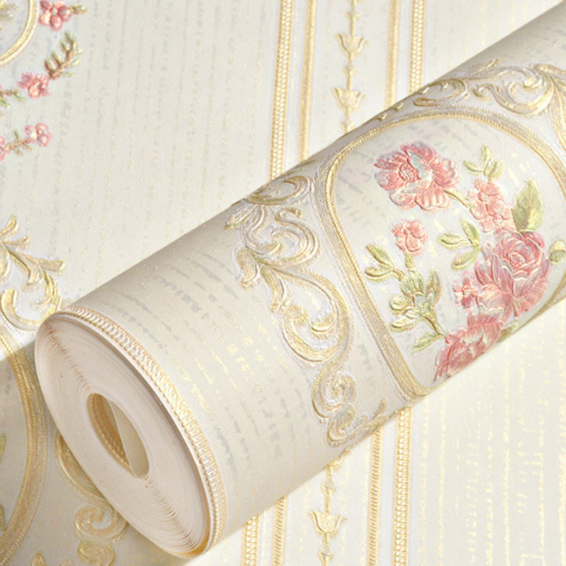 Unpasted Wallpaper Roll Rustic Non-Woven Wall Decor with Stripe and Peony Pattern, 57.1-sq ft Clearhalo 'Country wall decor' 'Rustic' 'Wallpaper' Wall Decor' 1184458