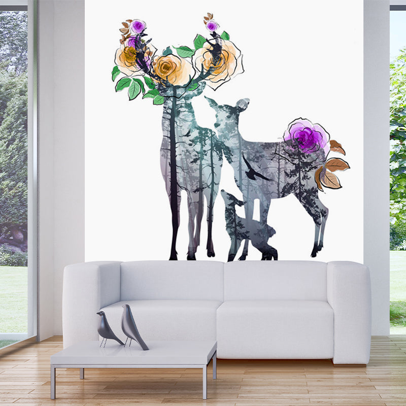 Deer Family Watercolor Murals Art Deco Moisture Resistant Bedroom Wall Covering, Customized Size Purple-Yellow Clearhalo 'Wall Decor' 'Wall Mural' 1186194