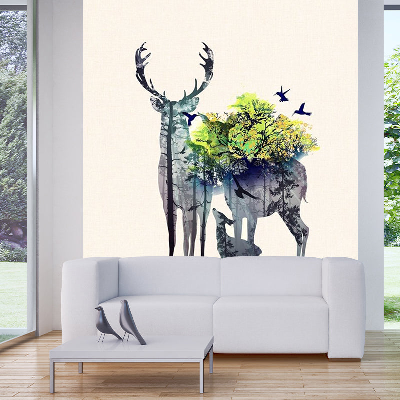 Deer Family Watercolor Murals Art Deco Moisture Resistant Bedroom Wall Covering, Customized Size Gray-Green Clearhalo 'Wall Decor' 'Wall Mural' 1186199