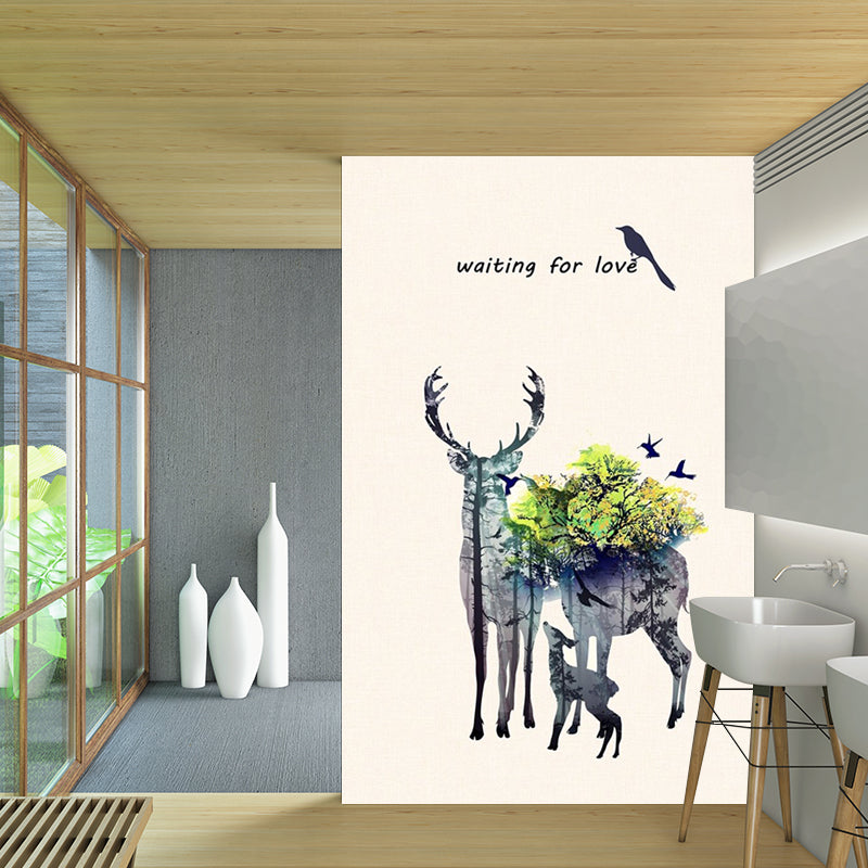 Deer Family Watercolor Murals Art Deco Moisture Resistant Bedroom Wall Covering, Customized Size Clearhalo 'Wall Decor' 'Wall Mural' 1186201