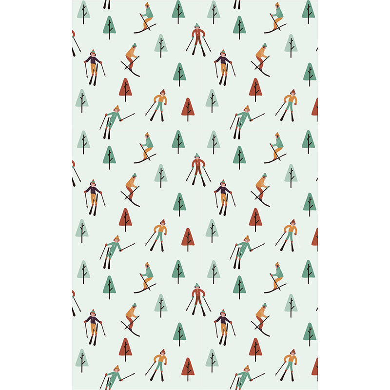 Skiers and Snow Forest Murals in Green-Red, Childrens Art Wall Covering for Kids Bedroom Clearhalo 'Wall Decor' 'Wall Mural' 1186522