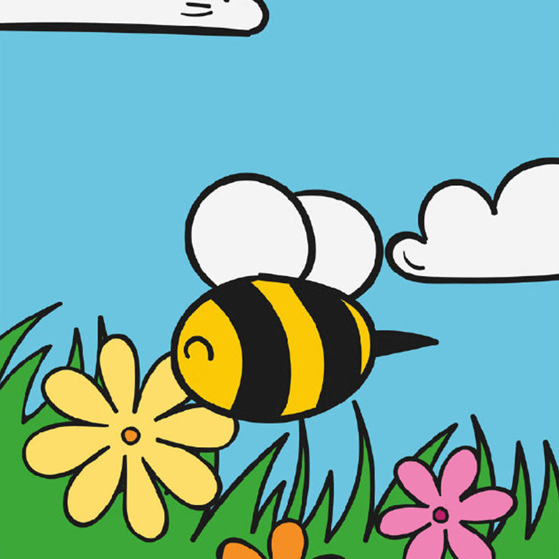 Extra Large Bee Mural Decal Cartoon Style Flower Wall Covering in Colorful, Stain Resistant Clearhalo 'Wall Decor' 'Wall Mural' 1186592