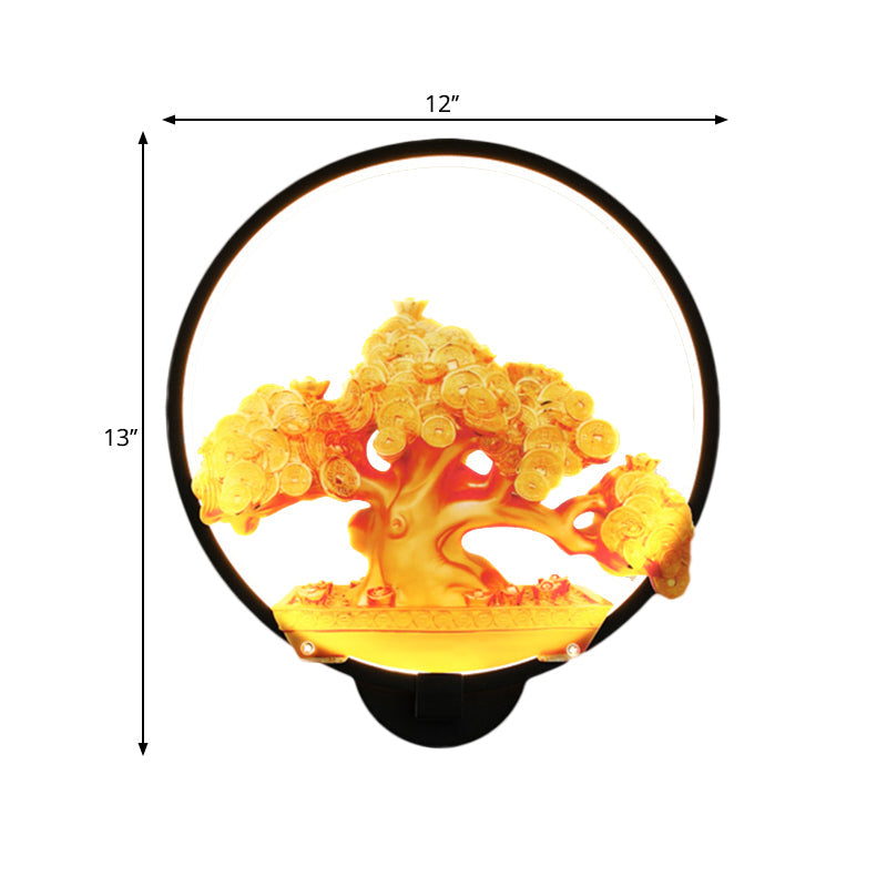 Circular Autumn Tree Patterned Mural Light Oriental Metal LED Hallway Wall Mounted Light Fixture in White/Black for Right/Left Side Clearhalo 'Wall Lamps & Sconces' 'Wall Lights' Lighting' 1192987