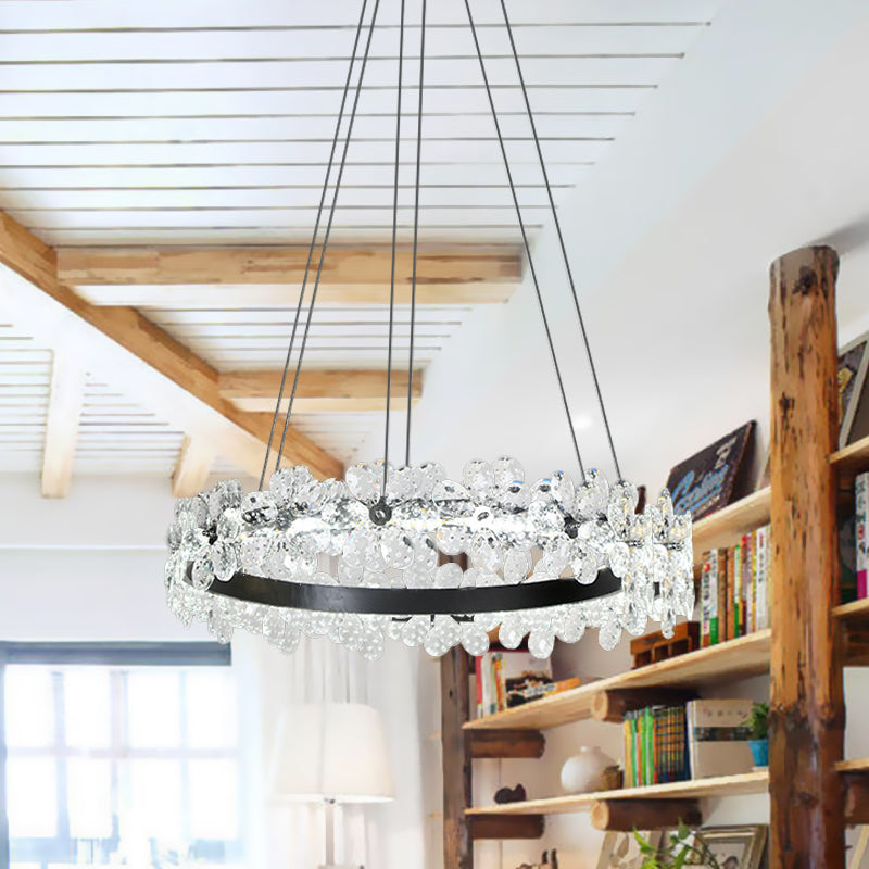Black 1/2-Tier Hoop Hanging Light Kit Minimalistic Crystal Flower Living Room LED Chandelier Lighting Black 1 Tier Clearhalo 'Ceiling Lights' 'Chandeliers' 'Modern Chandeliers' 'Modern' Lighting' 1193146