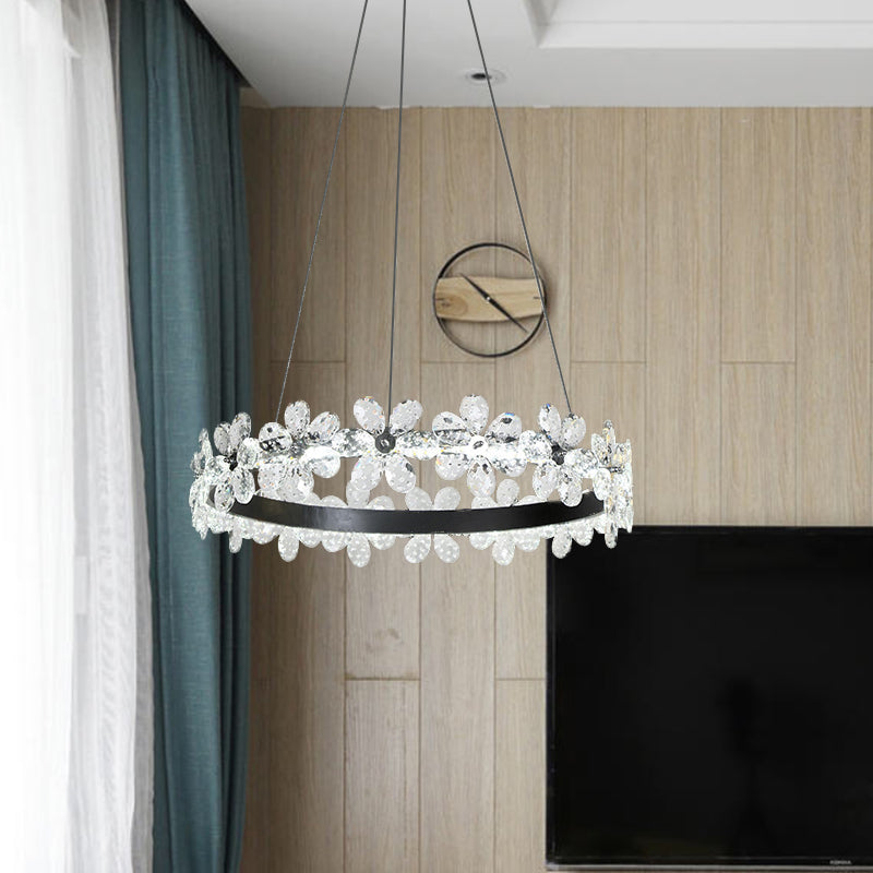Black 1/2-Tier Hoop Hanging Light Kit Minimalistic Crystal Flower Living Room LED Chandelier Lighting Clearhalo 'Ceiling Lights' 'Chandeliers' 'Modern Chandeliers' 'Modern' Lighting' 1193147