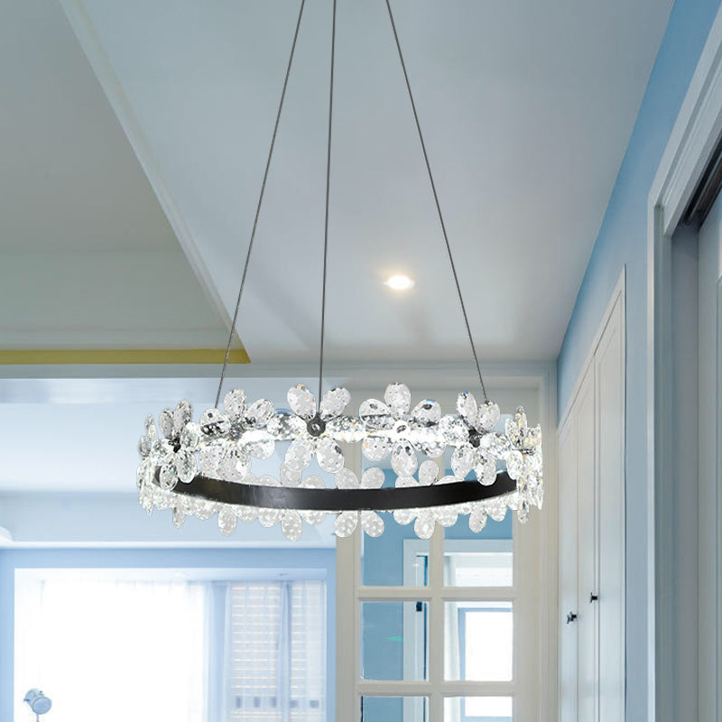 Black 1/2-Tier Hoop Hanging Light Kit Minimalistic Crystal Flower Living Room LED Chandelier Lighting Clearhalo 'Ceiling Lights' 'Chandeliers' 'Modern Chandeliers' 'Modern' Lighting' 1193148