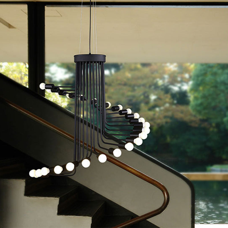 Industrial Angled Arm Ceiling Chandelier with Spiral Design Iron 16/26 Bulbs Dining Room Pendant in Black Clearhalo 'Cast Iron' 'Ceiling Lights' 'Chandeliers' 'Industrial Chandeliers' 'Industrial' 'Metal' 'Middle Century Chandeliers' 'Rustic Chandeliers' 'Tiffany' Lighting' 1194076