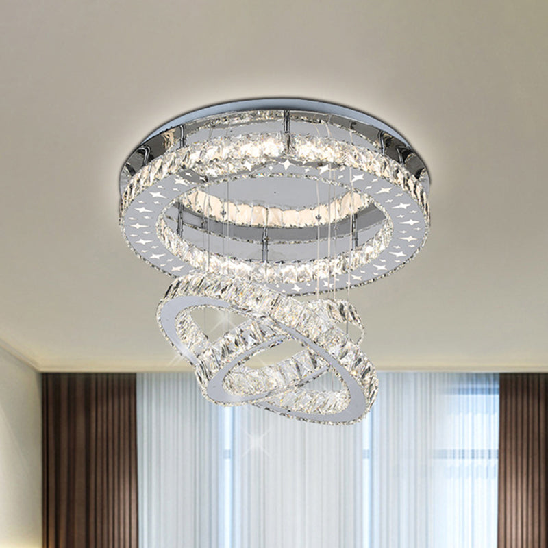 Stainless Steel 3-Ring Ceiling Lighting Modern Crystal Bedroom LED Semi Flush Mount Light Stainless-Steel Clearhalo 'Ceiling Lights' 'Close To Ceiling Lights' 'Close to ceiling' 'Semi-flushmount' Lighting' 1194168