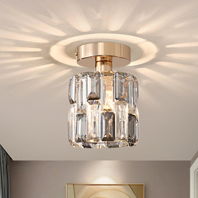 1 Bulb Cylinder Small Flush Light Postmodern Clear/Smoke Grey Crystal Semi Flush Mount Ceiling Light Smoke Gray Clearhalo 'Ceiling Lights' 'Close To Ceiling Lights' 'Close to ceiling' 'Semi-flushmount' Lighting' 1194292