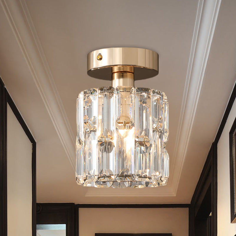 1 Bulb Cylinder Small Flush Light Postmodern Clear/Smoke Grey Crystal Semi Flush Mount Ceiling Light Clearhalo 'Ceiling Lights' 'Close To Ceiling Lights' 'Close to ceiling' 'Semi-flushmount' Lighting' 1194297