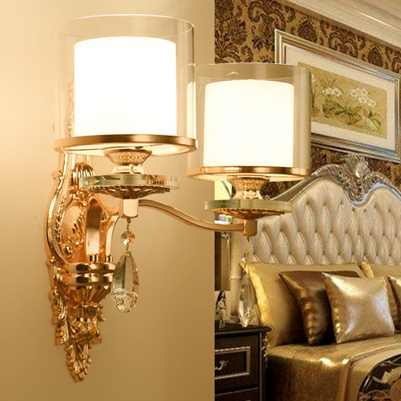 2-Light Wall Sconce Lighting Modern Double Cylinder Clear and Frosted Glass Wall Mounted Lamp in Gold Gold Clearhalo 'Modern wall lights' 'Modern' 'Wall Lamps & Sconces' 'Wall Lights' Lighting' 1194321