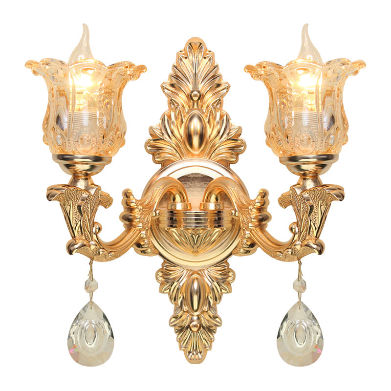 Bellflower Amber Glass Wall Lamp Kit Antique 2 Lights Living Room Sconce Light Fixture in Gold Clearhalo 'Wall Lamps & Sconces' 'Wall Lights' Lighting' 1194352