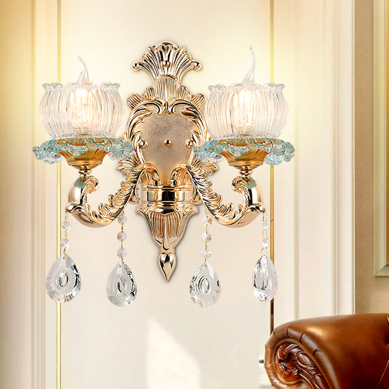 Bowl Crystal Wall Mount Lamp Traditional 2 Lights Restaurant Wall Lighting Ideas in Gold Gold Clearhalo 'Modern wall lights' 'Modern' 'Wall Lamps & Sconces' 'Wall Lights' Lighting' 1194389