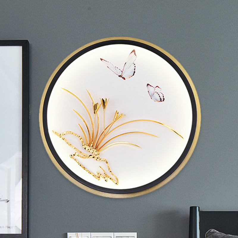 Gold Circular/Rectangle Shaped Mural Light Chinese Style LED Metallic Wall Mounted Lamp with Butterfly and Leaf Pattern Gold Round Clearhalo 'Wall Lamps & Sconces' 'Wall Lights' Lighting' 1194566