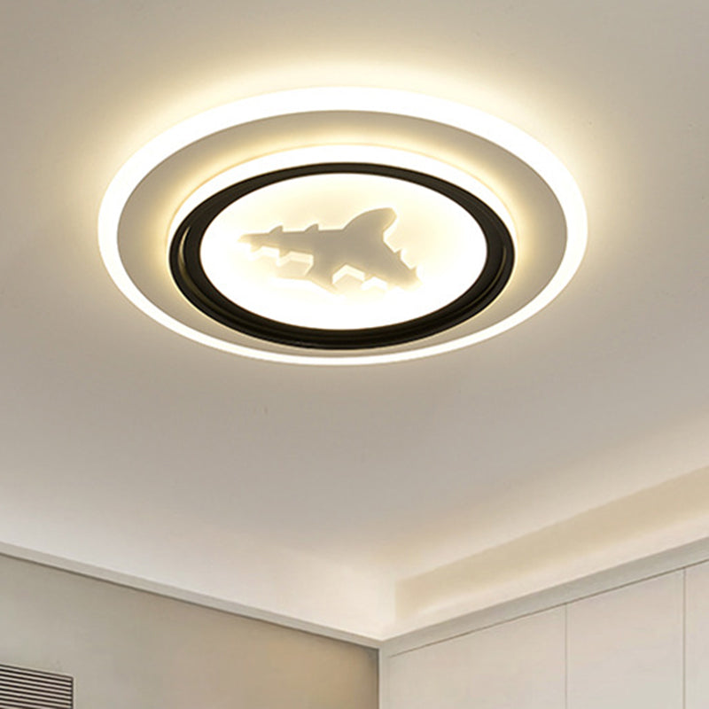 Black and White Round Flush Light Fixture Cartoon LED Acrylic Flush Mount Lamp with Airplane/Deer Pattern Black-White Airplane Clearhalo 'Ceiling Lights' 'Close To Ceiling Lights' 'Close to ceiling' 'Flush mount' Lighting' 1194683