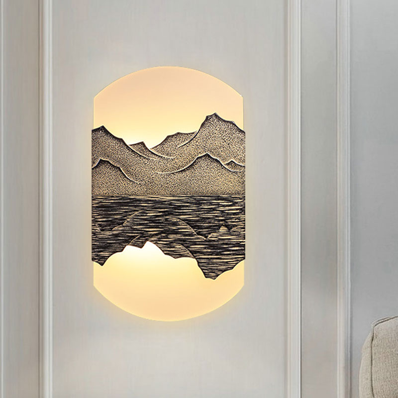 Fan/Oval Corridor Mountain Wall Mural Light Acrylic LED Oriental Style Wall Mount Light Fixture in Silver/Brown Brown A Clearhalo 'Wall Lamps & Sconces' 'Wall Lights' Lighting' 1195094