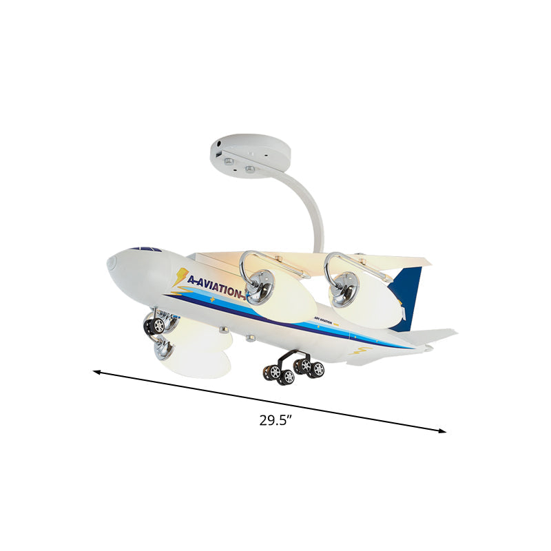 Cartoon Aircraft Semi Flush Metal 4 Heads Kids Room Ceiling Light Fixture with Bullet White Glass Shade in Blue Clearhalo 'Ceiling Lights' 'Close To Ceiling Lights' 'Close to ceiling' 'Glass shade' 'Glass' 'Semi-flushmount' Lighting' 1195174