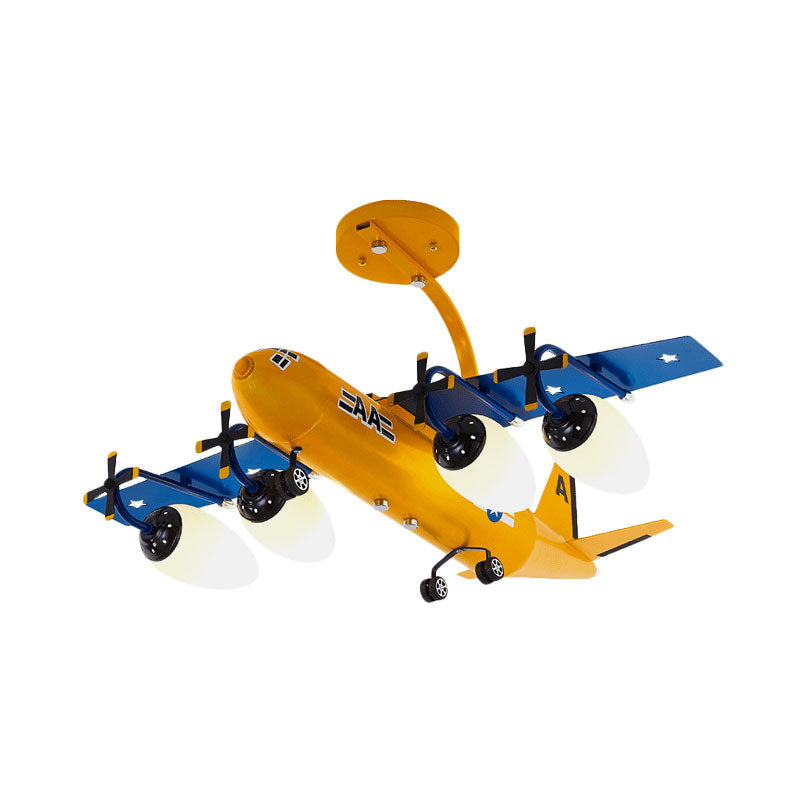 Airplane Kids Room Semi Flush Light Metallic 4 Lights Cartoon Flush Mount with Bullet Opal Glass Shade in Blue/Yellow Clearhalo 'Ceiling Lights' 'Close To Ceiling Lights' 'Close to ceiling' 'Glass shade' 'Glass' 'Semi-flushmount' Lighting' 1195177