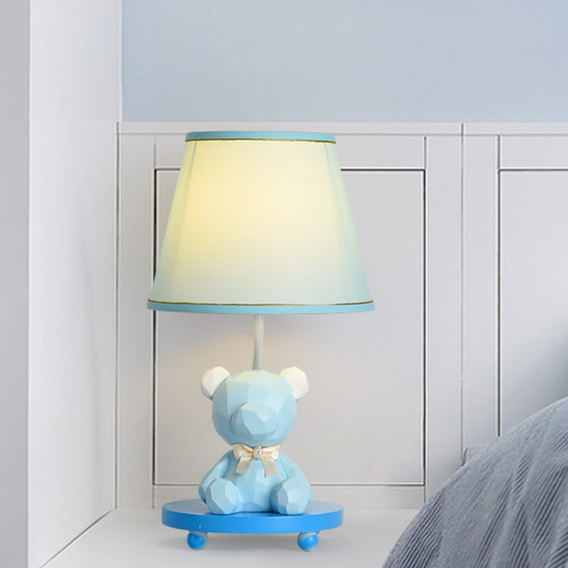 Barrel Shade Bedside Table Lamp Fabric 1 Bulb Cartoon Bear Nightstand Lighting in Blue/Pink Blue Clearhalo 'Lamps' 'Table Lamps' Lighting' 1195231