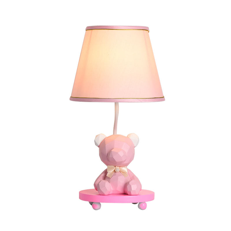 Barrel Shade Bedside Table Lamp Fabric 1 Bulb Cartoon Bear Nightstand Lighting in Blue/Pink Clearhalo 'Lamps' 'Table Lamps' Lighting' 1195238