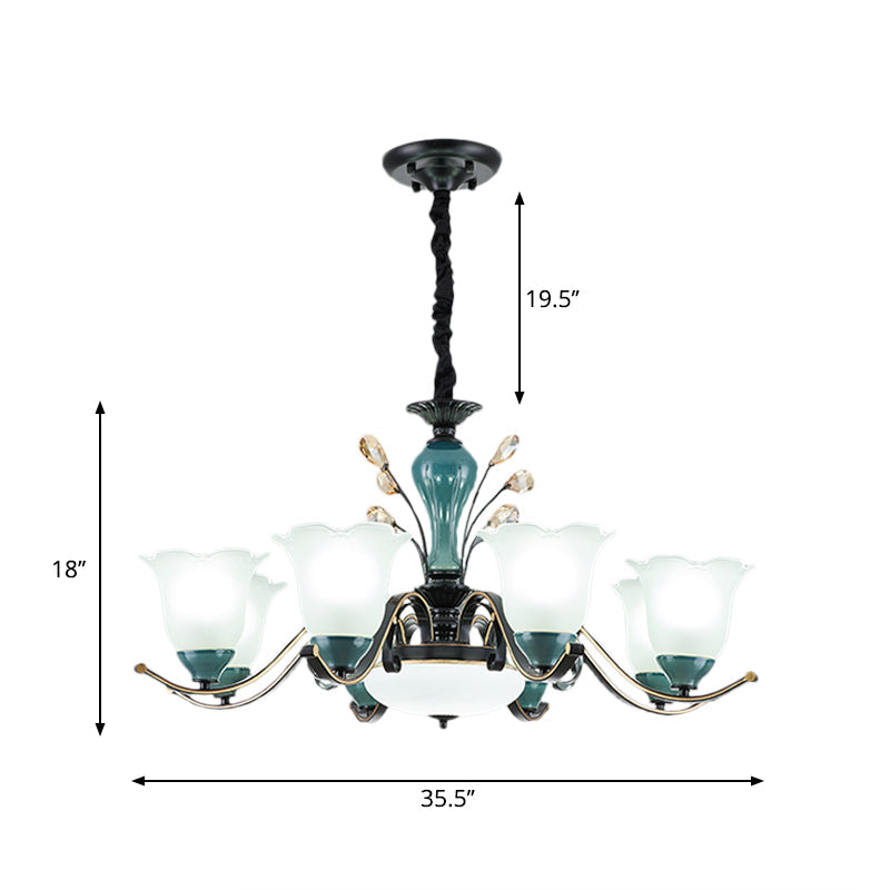 Flower Shade Suspension Lamp Countryside 3/6/8-Head Milky Glass Pendant Chandelier in Green Clearhalo 'Ceiling Lights' 'Chandeliers' Lighting' options 1197509