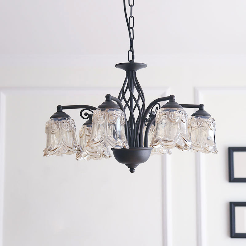 Black Curvy Arm Hanging Chandelier Rural Style Metallic 6/8 Lights Living Room Suspension Pendant 8 Black Clearhalo 'Ceiling Lights' 'Chandeliers' Lighting' options 1197570_b7a11712-86f1-4d60-b979-5b491022190b