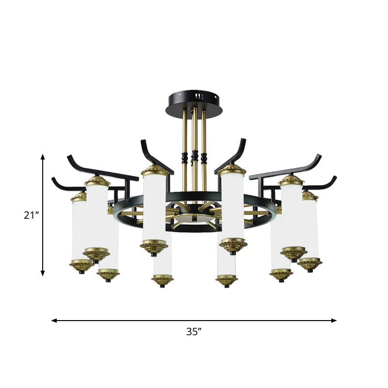 8/10 Bulbs Chandelier Lighting Fixture Countryside Column Frosted Glass Ceiling Lamp in Black-Gold Clearhalo 'Ceiling Lights' 'Chandeliers' Lighting' options 1197638