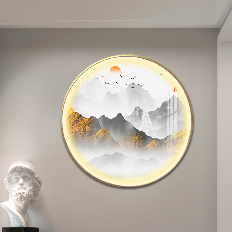 Gold Round Wall Mount Light Fixture Oriental LED Metallic Wall Mural Lamp with Mountain and Sun Pattern Gold C Clearhalo 'Wall Lamps & Sconces' 'Wall Lights' Lighting' 1197849