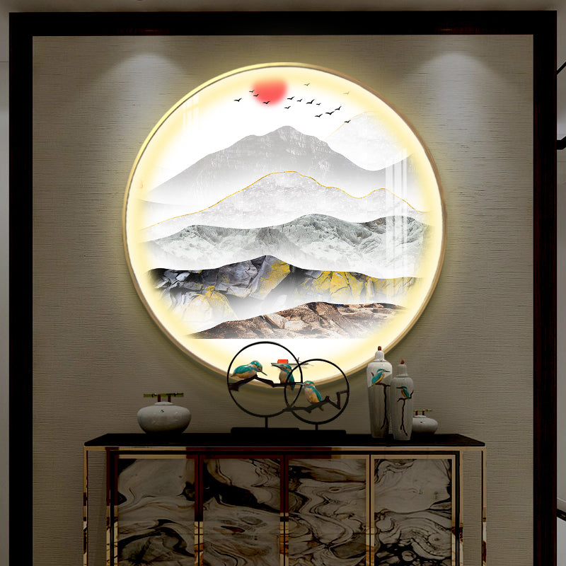 Gold Round Wall Mount Light Fixture Oriental LED Metallic Wall Mural Lamp with Mountain and Sun Pattern Gold B Clearhalo 'Wall Lamps & Sconces' 'Wall Lights' Lighting' 1197853