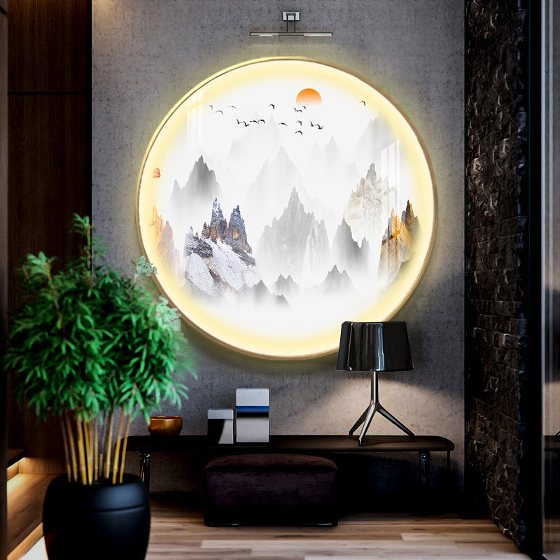 Chinese Rounded Metal Mural Light LED Wall Mounted Lighting in Gold with Mountain and Sun Pattern Gold C Clearhalo 'Wall Lamps & Sconces' 'Wall Lights' Lighting' 1197863