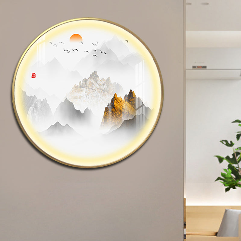 Chinese Rounded Metal Mural Light LED Wall Mounted Lighting in Gold with Mountain and Sun Pattern Clearhalo 'Wall Lamps & Sconces' 'Wall Lights' Lighting' 1197875