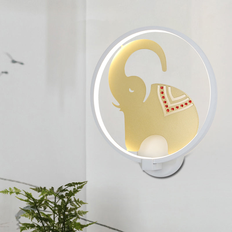 Postmodern Style Circular Metallic Mural Lamp LED Elephant Wall Lighting Fixture in White-Red/Black-Red/White-Gold for Bedroom, Warm/White Light Clearhalo 'Wall Lamps & Sconces' 'Wall Lights' Lighting' 1198034