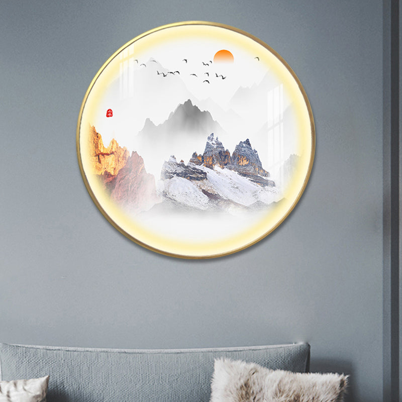 Chinese Rounded Metal Mural Light LED Wall Mounted Lighting in Gold with Mountain and Sun Pattern Clearhalo 'Wall Lamps & Sconces' 'Wall Lights' Lighting' 1199033