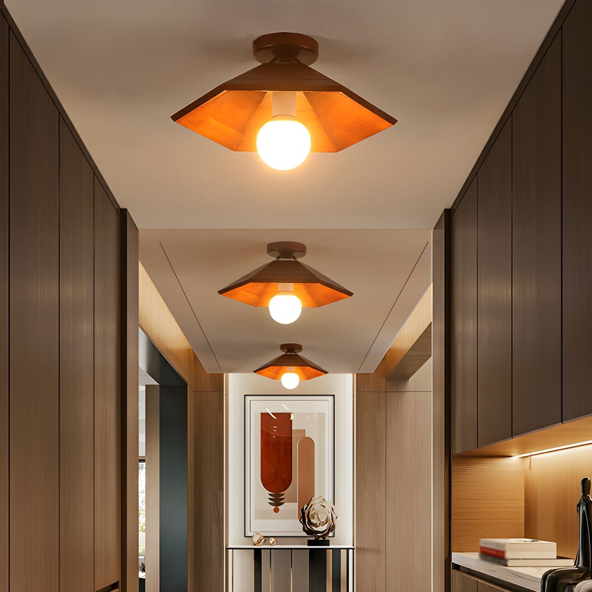 Brown Wood Semi-Flush Mount Ceiling Light with Cone Shaped Shade