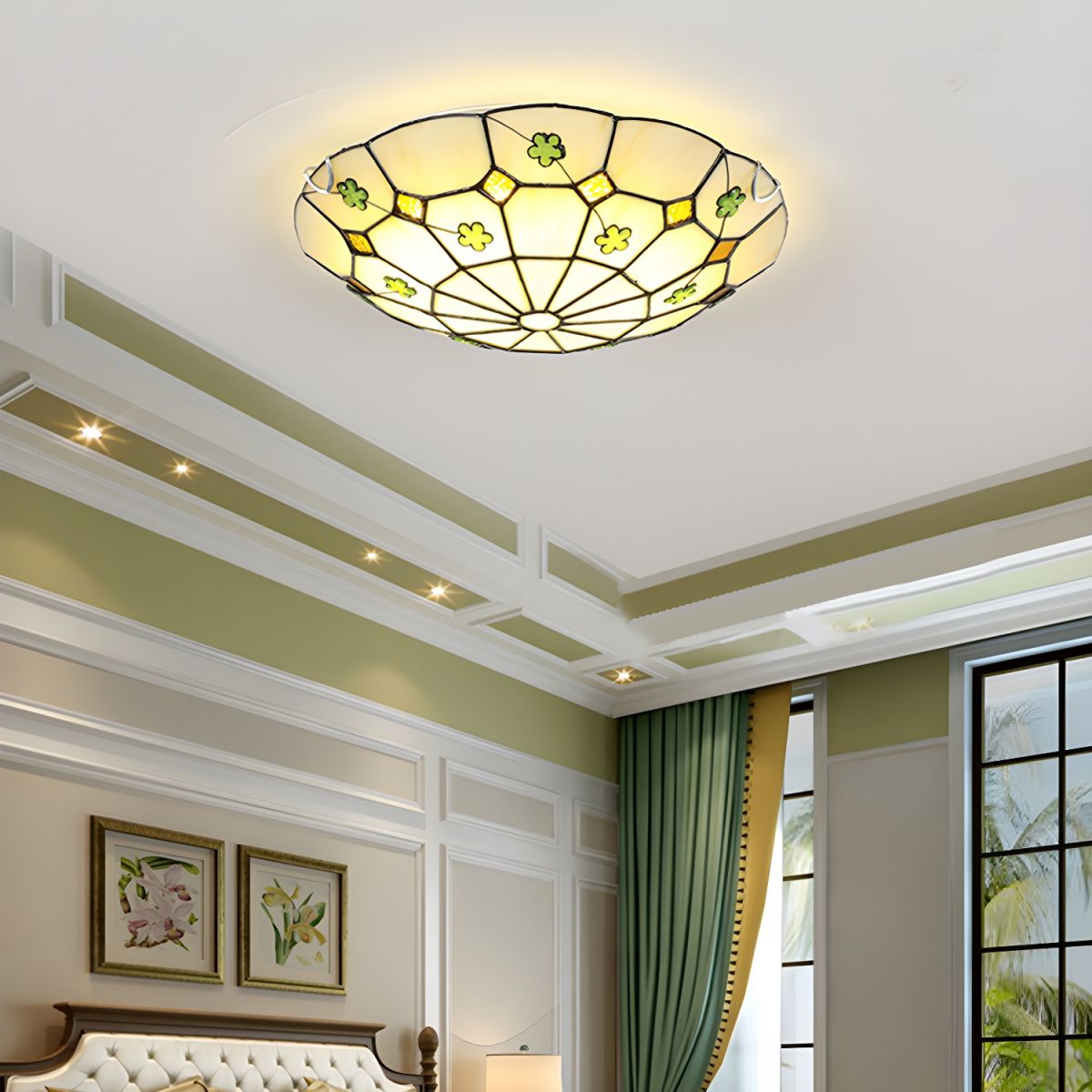 Grid Patterned LED Flush Light Tiffany Glass Classic Flush Ceiling Lighting Fixture