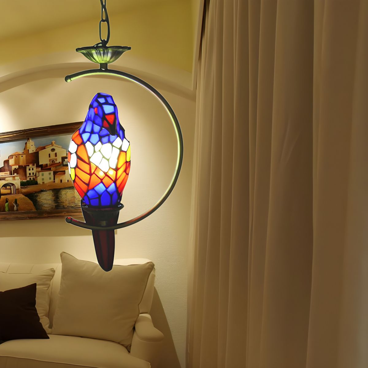 Blue/Green Parrot Suspension Pendant Light Tiffany Style 1 Light Stained Art Glass Ceiling Lamp for Bedroom