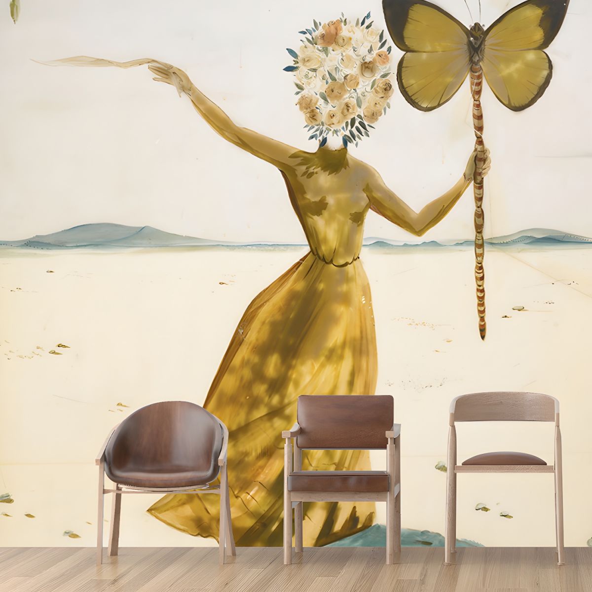 Yellow Dali Butterfly Drawing Mural Little Girl with Flower Head Surreal Washable Wall Art