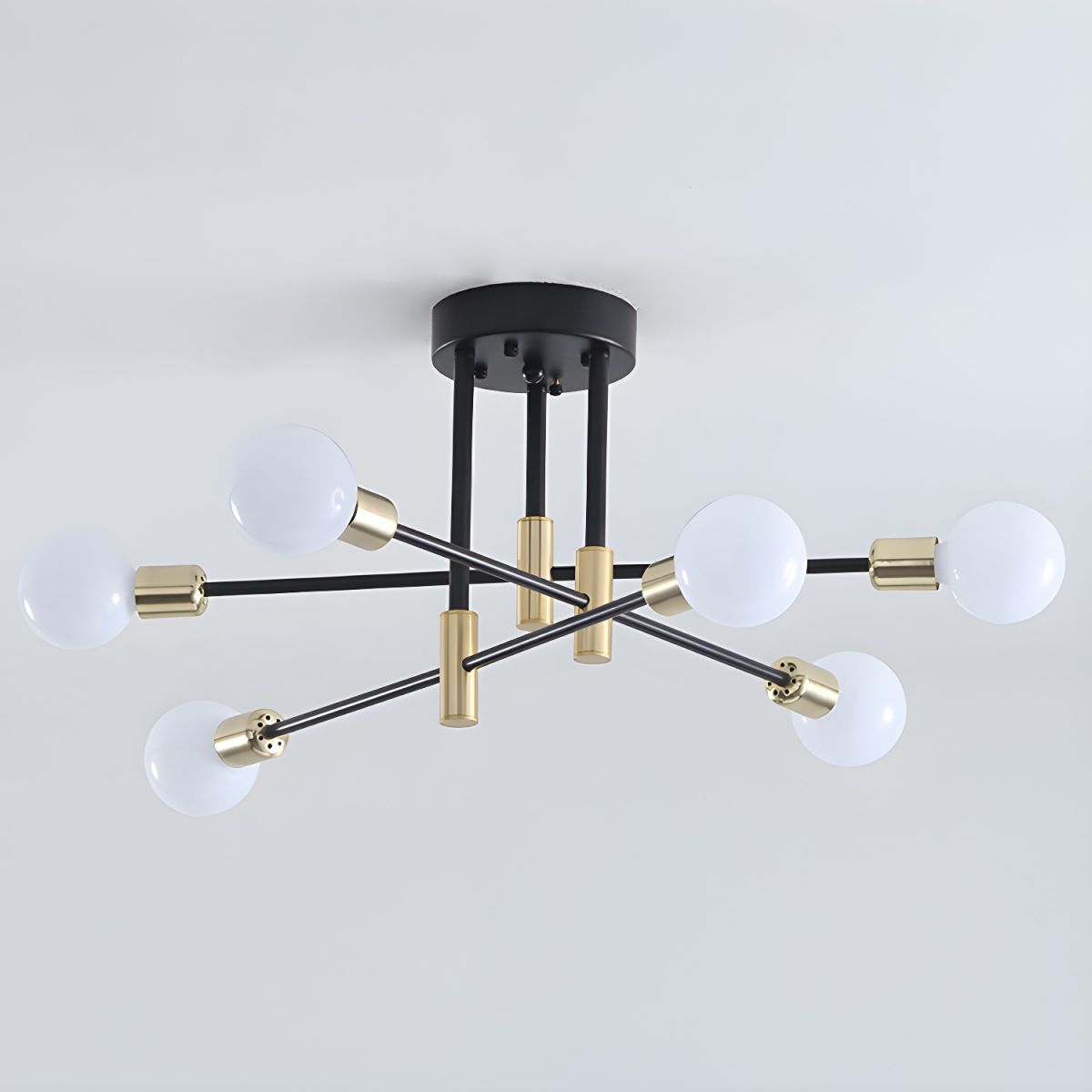 Black and Gold Semi Flush Mount in Industrial Creative Style Wrought Iron Radial Ceiling Light