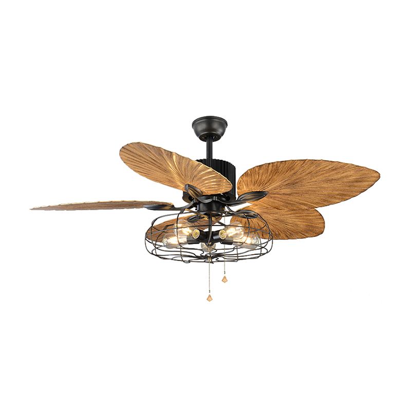 Classical Cage Style Semi Flush Mount Metal 4 Lights Ceiling Fan with Crystal Pendants in Black