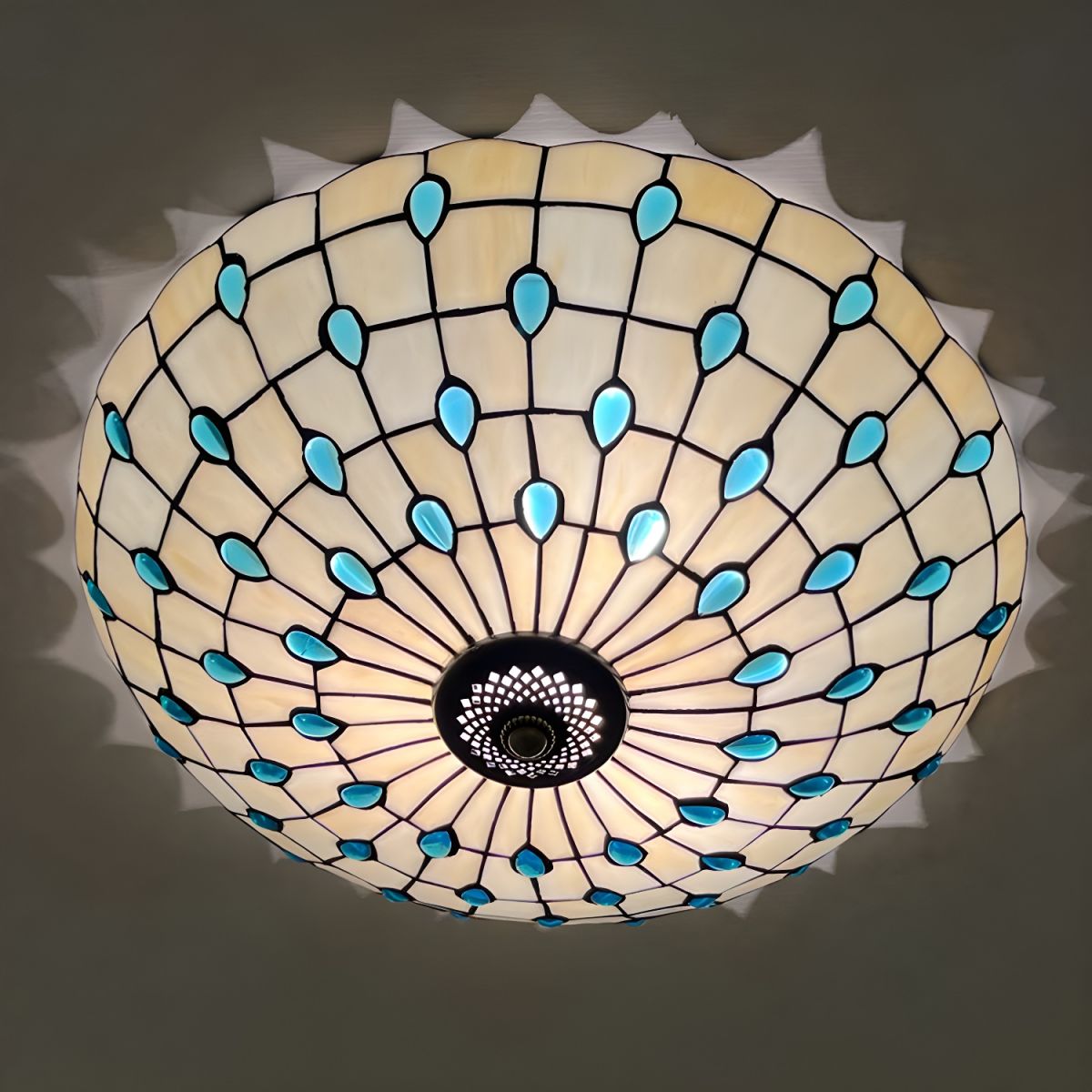 Tiffany Style Metal Flush Mount Ceiling Light with White Glass Shade