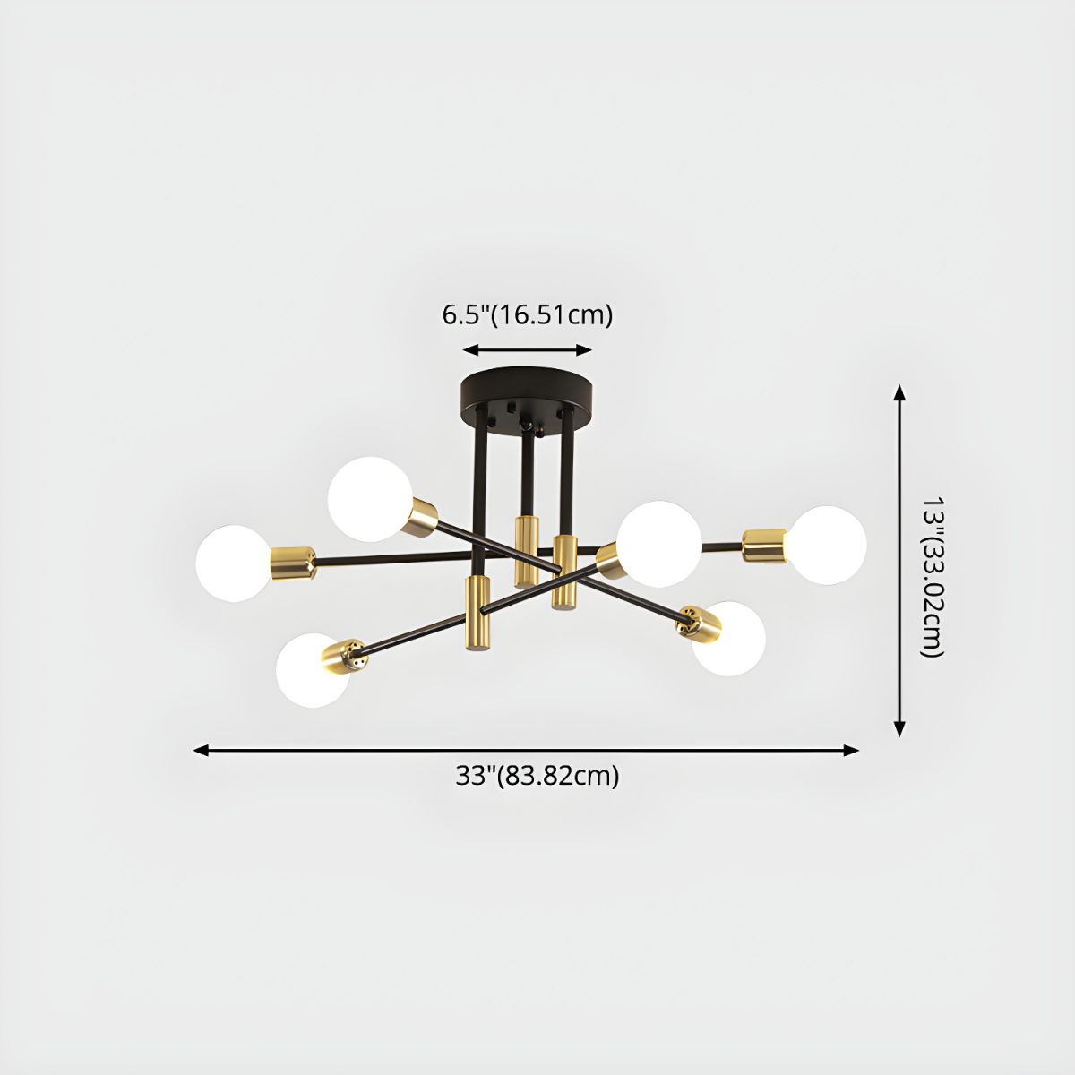 Black and Gold Semi Flush Mount in Industrial Creative Style Wrought Iron Radial Ceiling Light