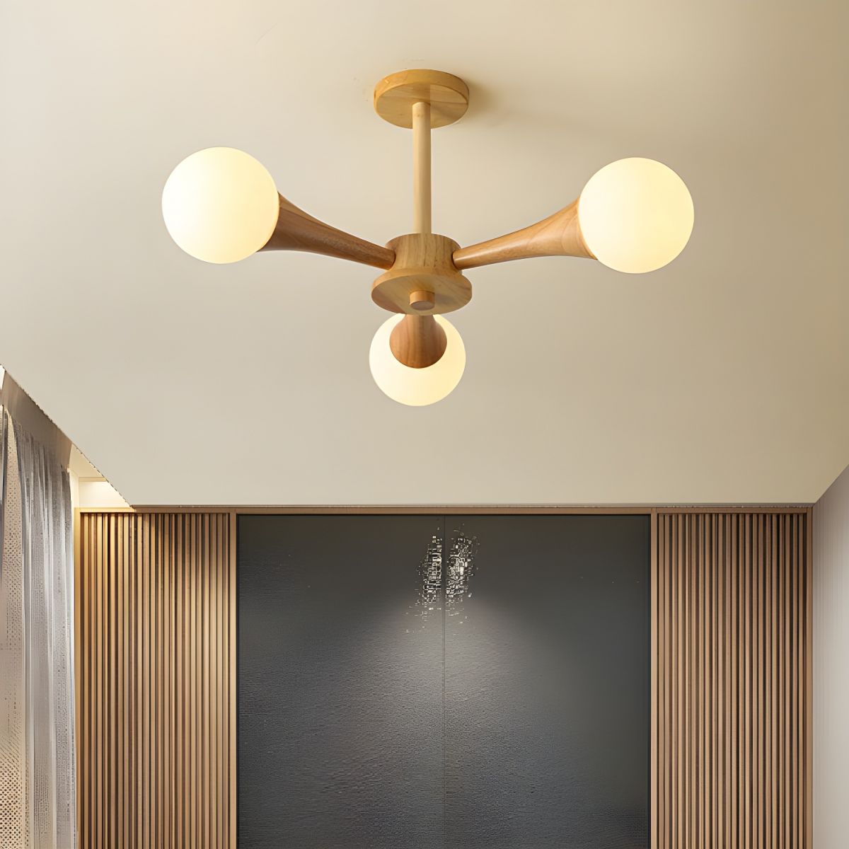 Modern Natural Wood Globe Semi-Flush Mount Ceiling Light with White Glass Shade