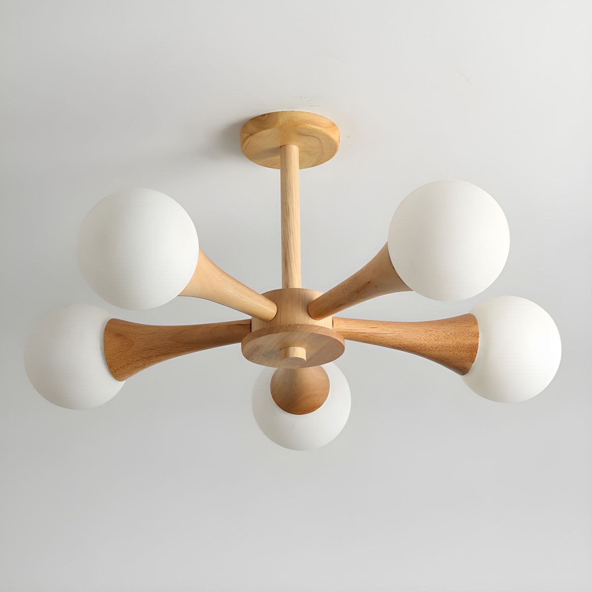 Modern Natural Wood Globe Semi-Flush Mount Ceiling Light with White Glass Shade