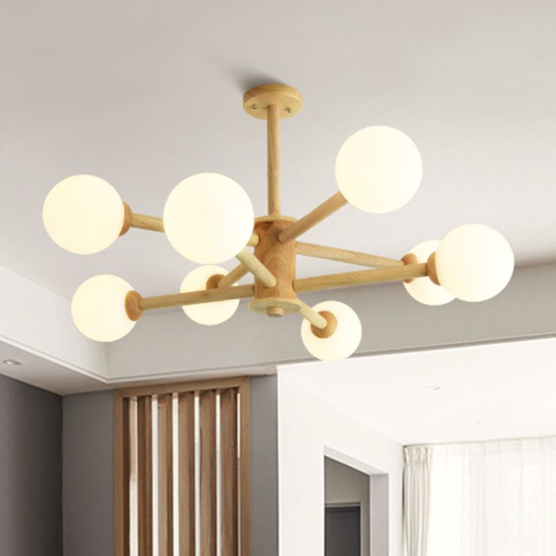 Beige Solid Wood Hanging Light Simplicity Modern Style White Frosted Glass Shade Chandelier Lamp for Living Room Bedroom