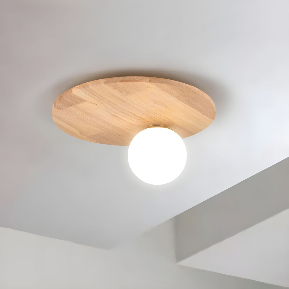 Modern Natural Wood Flush Mount Globe Ceiling Light with White Glass Shade - 14 inches