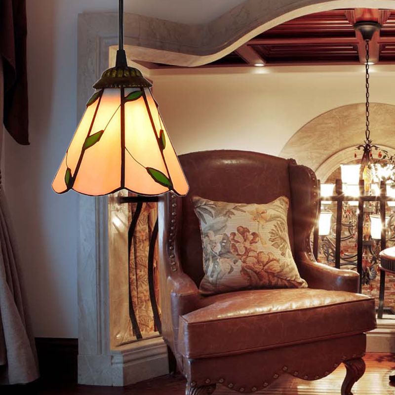 6.5"/12"/16" W Tiffany-Style Cone Pendulum Light 1 Head Handcrafted Art Glass Suspension Lamp in Beige