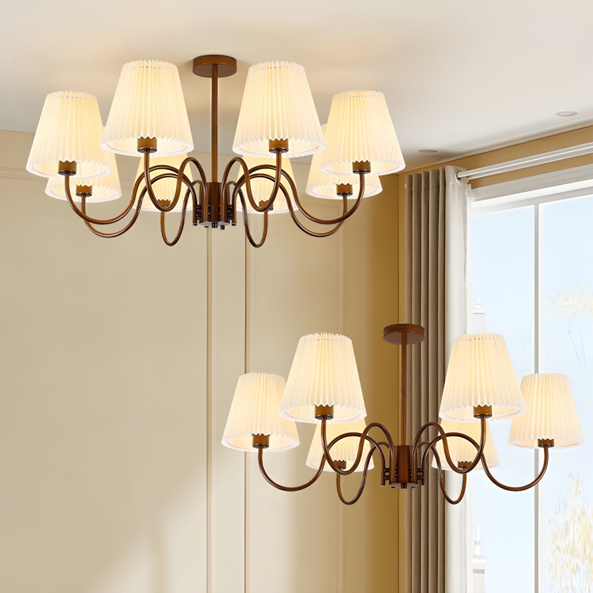 Geometric Brown Metal Semi-Flush Mount Ceiling Light with White Fabric Shade Size 25 Inch & Above