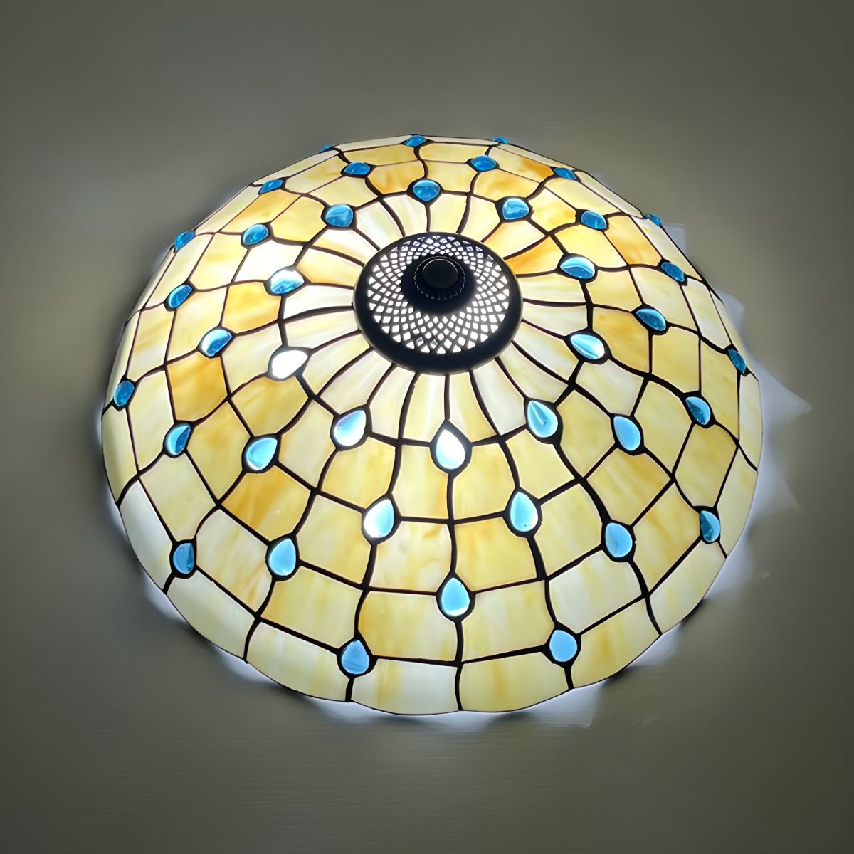 Tiffany Style Metal Flush Mount Ceiling Light with White Glass Shade