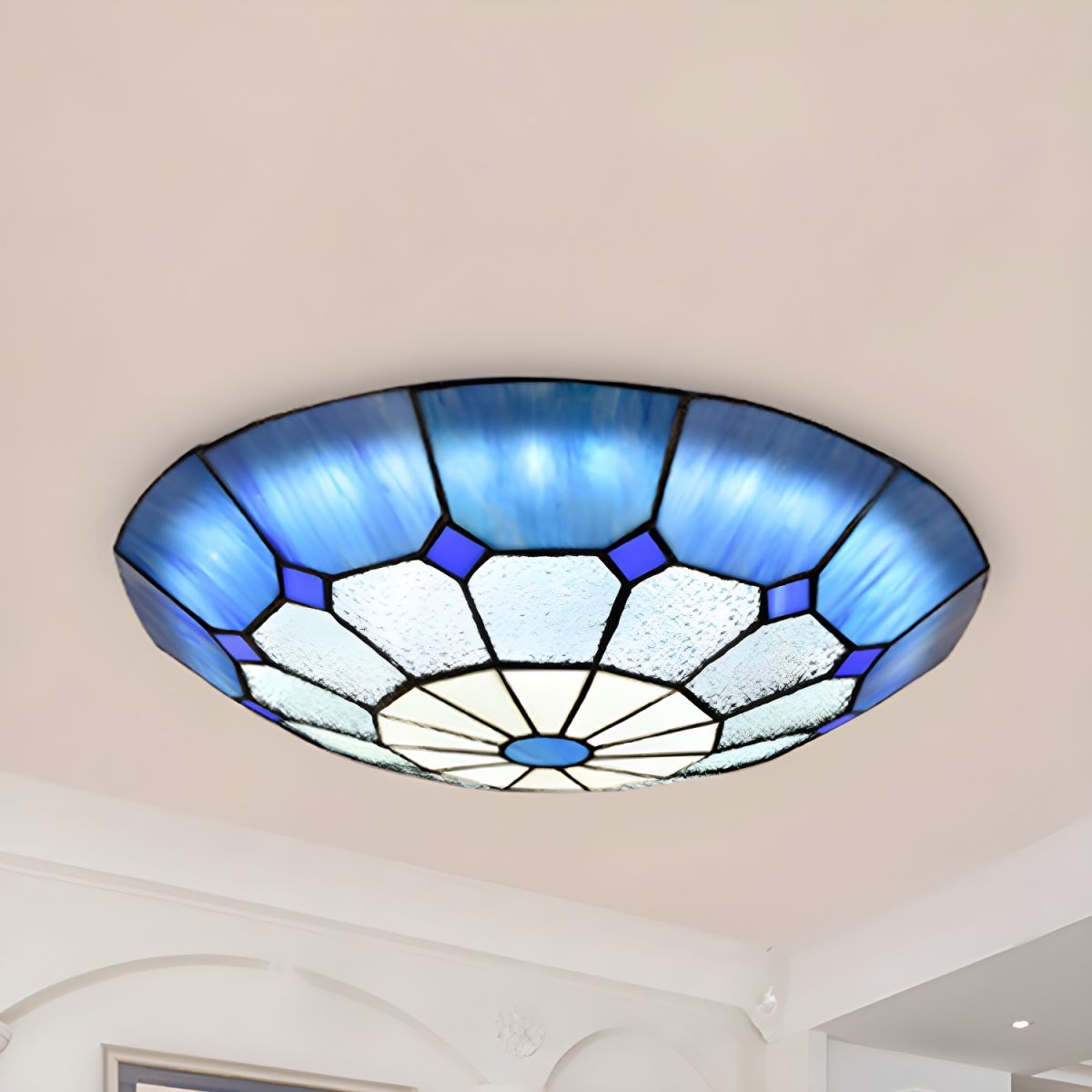 12"/16"/19.5" W Tiffany Blue/Light Blue Flush Ceiling Light with Bowl Shade Stained Glass Flushmount for Living Room