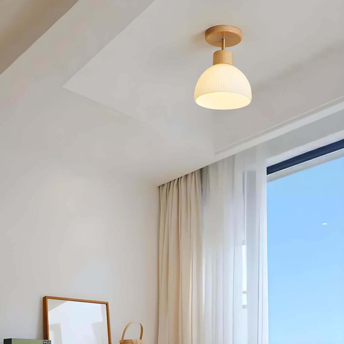 Natural Wood Semi-Flush Mount Ceiling Light with White Glass Bowl Shade